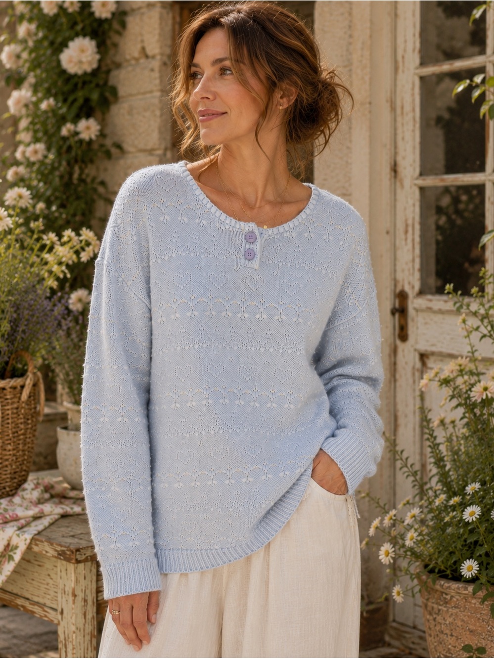 Vintage Cottagecore Heart Knit Sweater Oversized L/XL Blue 100% Cotton